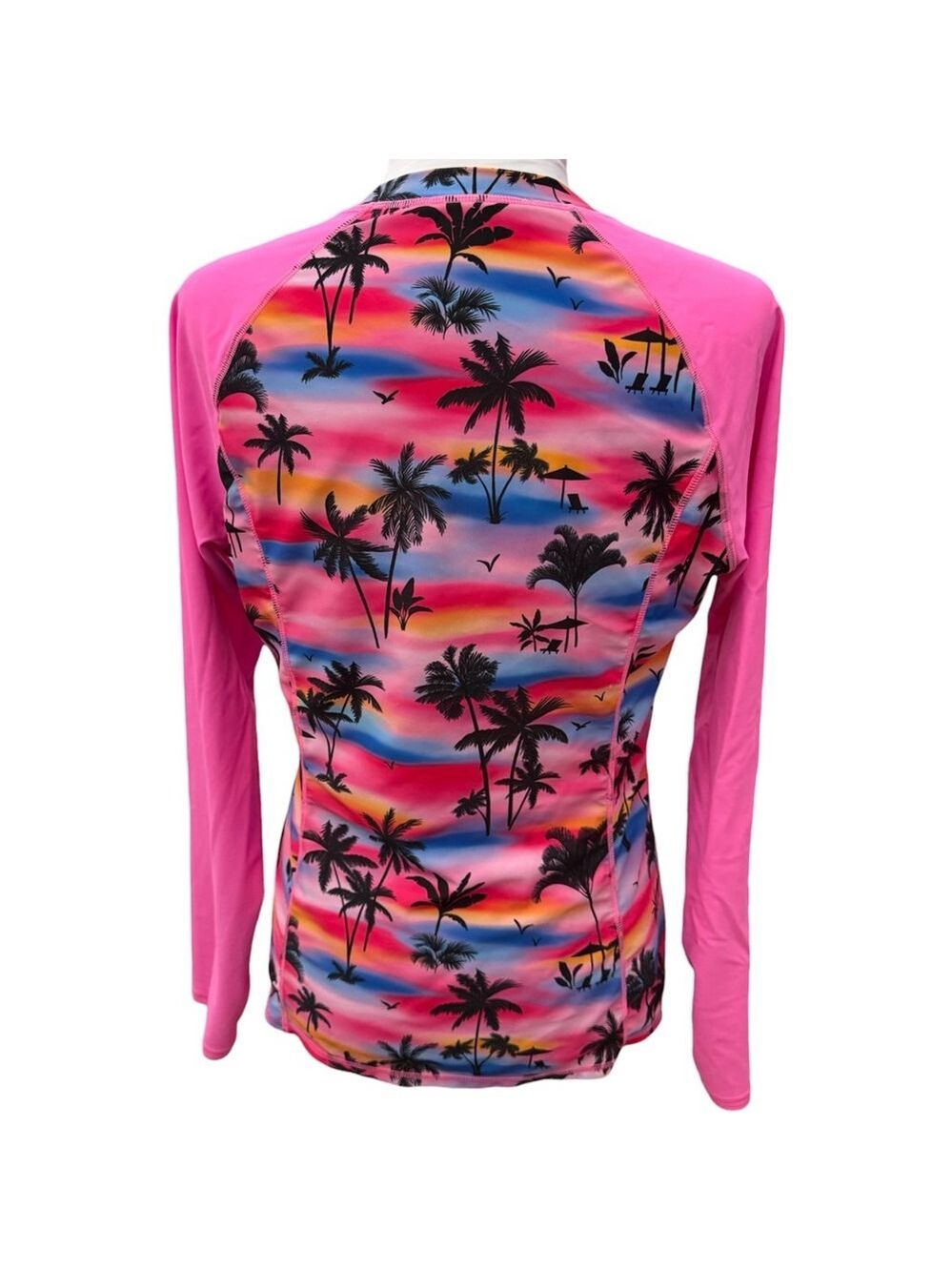 Grace Karin Tropical Palm Print Zip Front Rash Guard Top Built-In Bra Size L - Picture 3 of 5